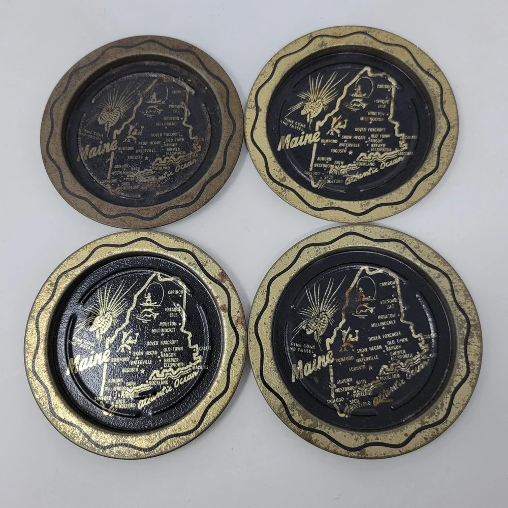 Vintage Maine State Map Metal Coasters Set of‎ 4 Black Gold Souvenir Tin Ashtray